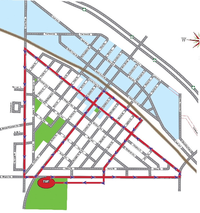 The route of the Moosomin Grand March. The Grand March will start at 4 pm on June 20. The route will start at the MCC Centre, heading east to the end of Wright Road and turning onto Broadway Ave heading west to the end, turning south on Cook Road until Wright Road, then heading north on Main Street, turning east on South Front Street, then heading south on Alberni Street back to Wright Road and ending back at the MCC Centre.